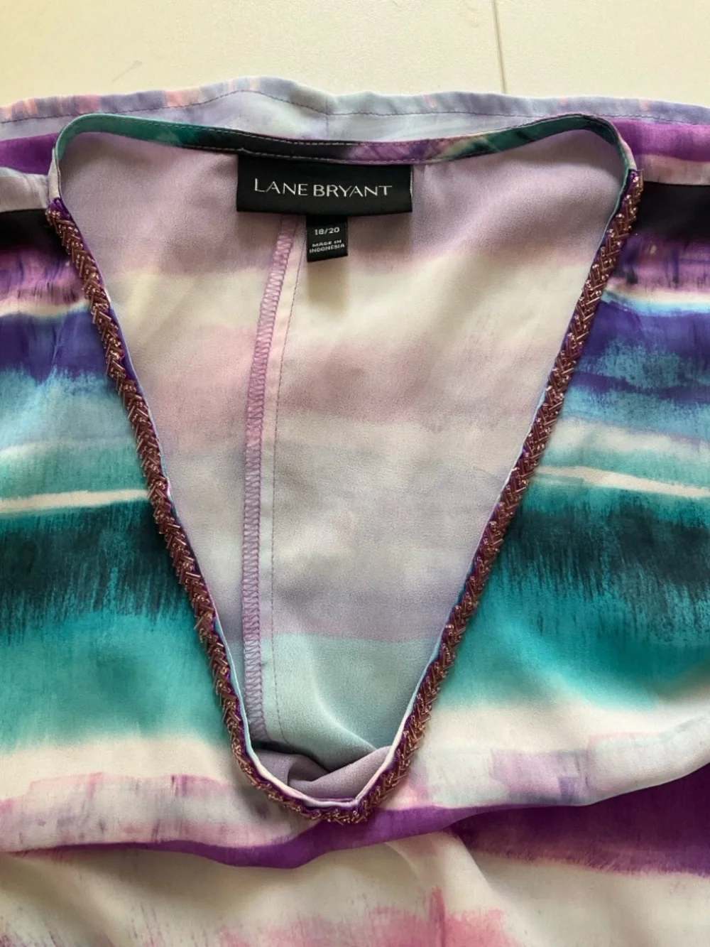 Lane Bryant 18-20 Lavender and Teal Watercolor Stripe V neck Kimono Style Tunic - Picture 10 of 10